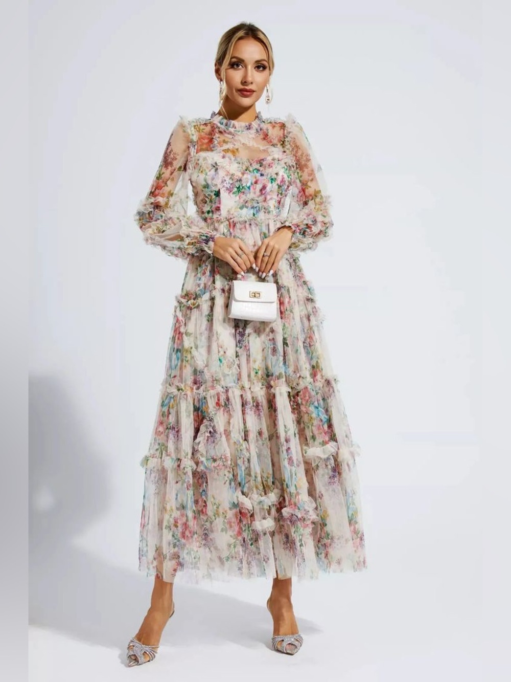 NWT CATCHALL Floral Ruffle Mesh Tiered Maxi Dress Romantic Cottagecore